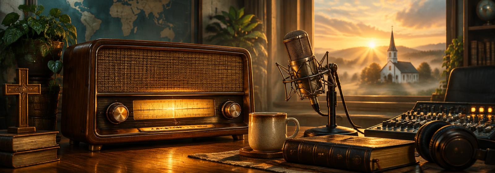 Mission Mall Radio broadcast studio with a vintage radio, studio microphone, Bible, and a sunrise over a church steeple