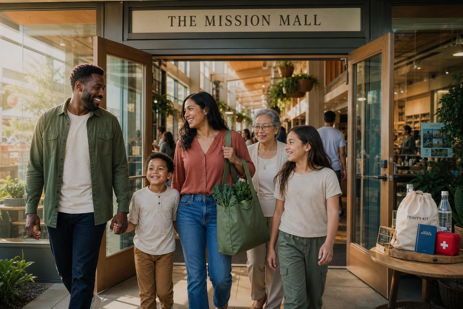 A diverse family walking together into The Mission Mall, with a Trinity Kit care package visible at the entrance