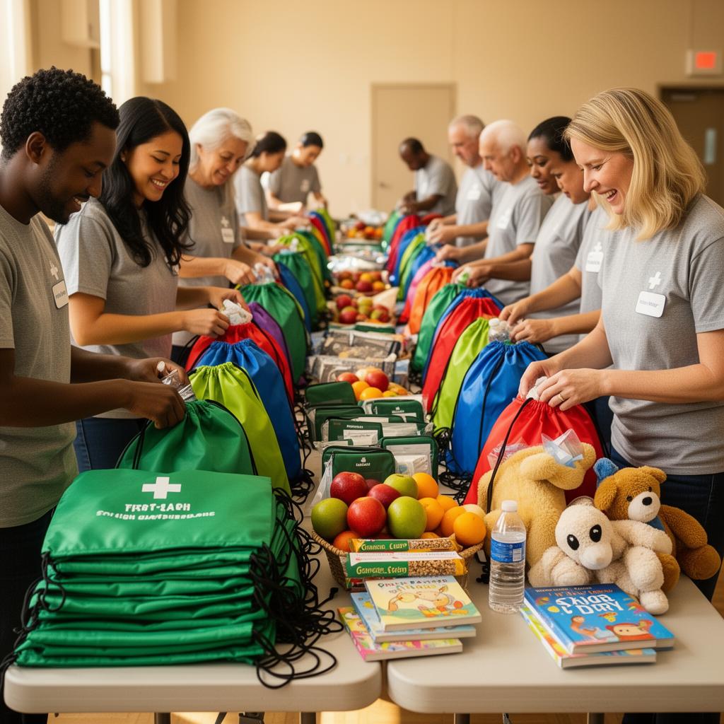 Volunteers packing colorful Trinity Kit bags assembly-line style at a community hall table