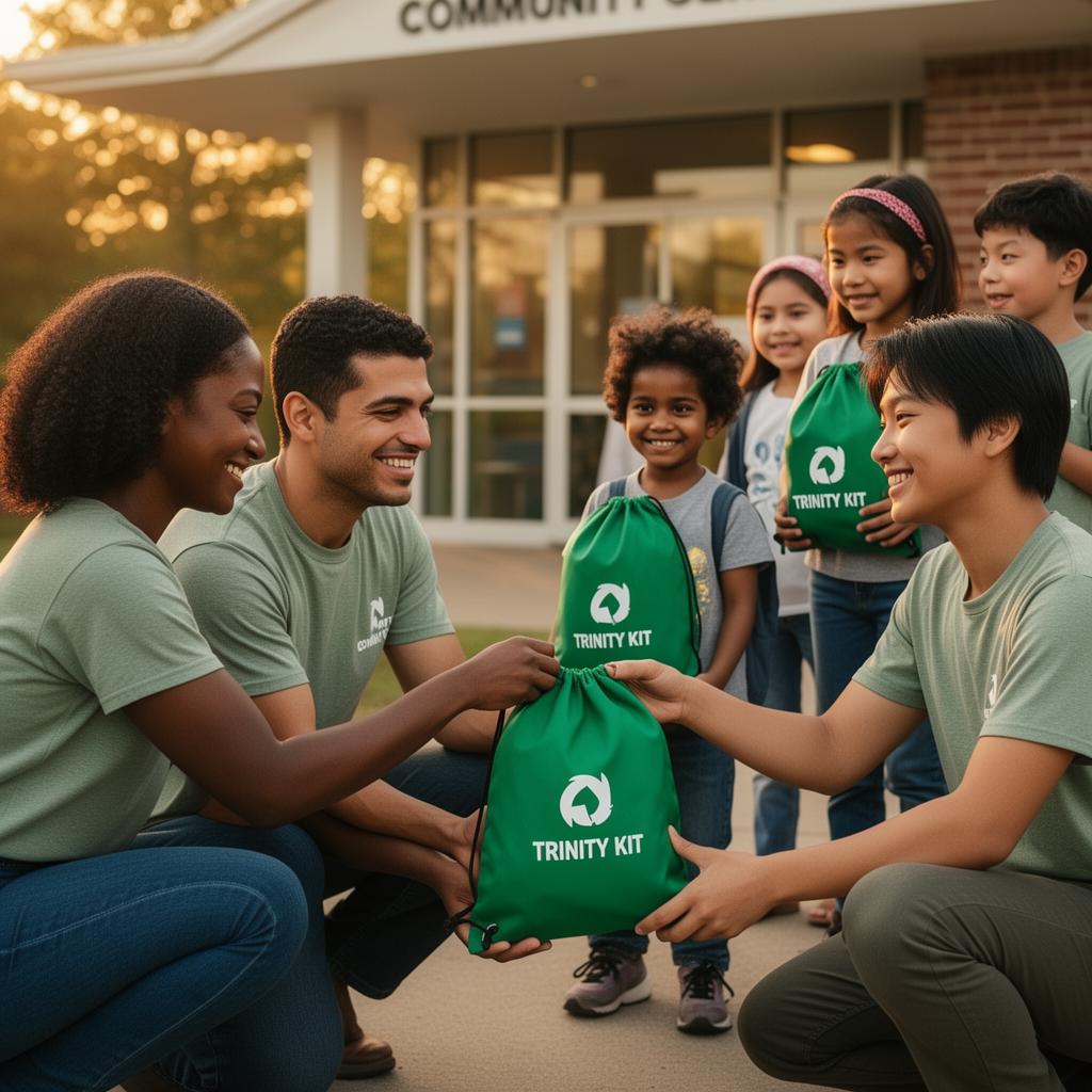 Volunteers in matching shirts kneeling and handing a colorful Trinity Kit to a smiling child outside a community center