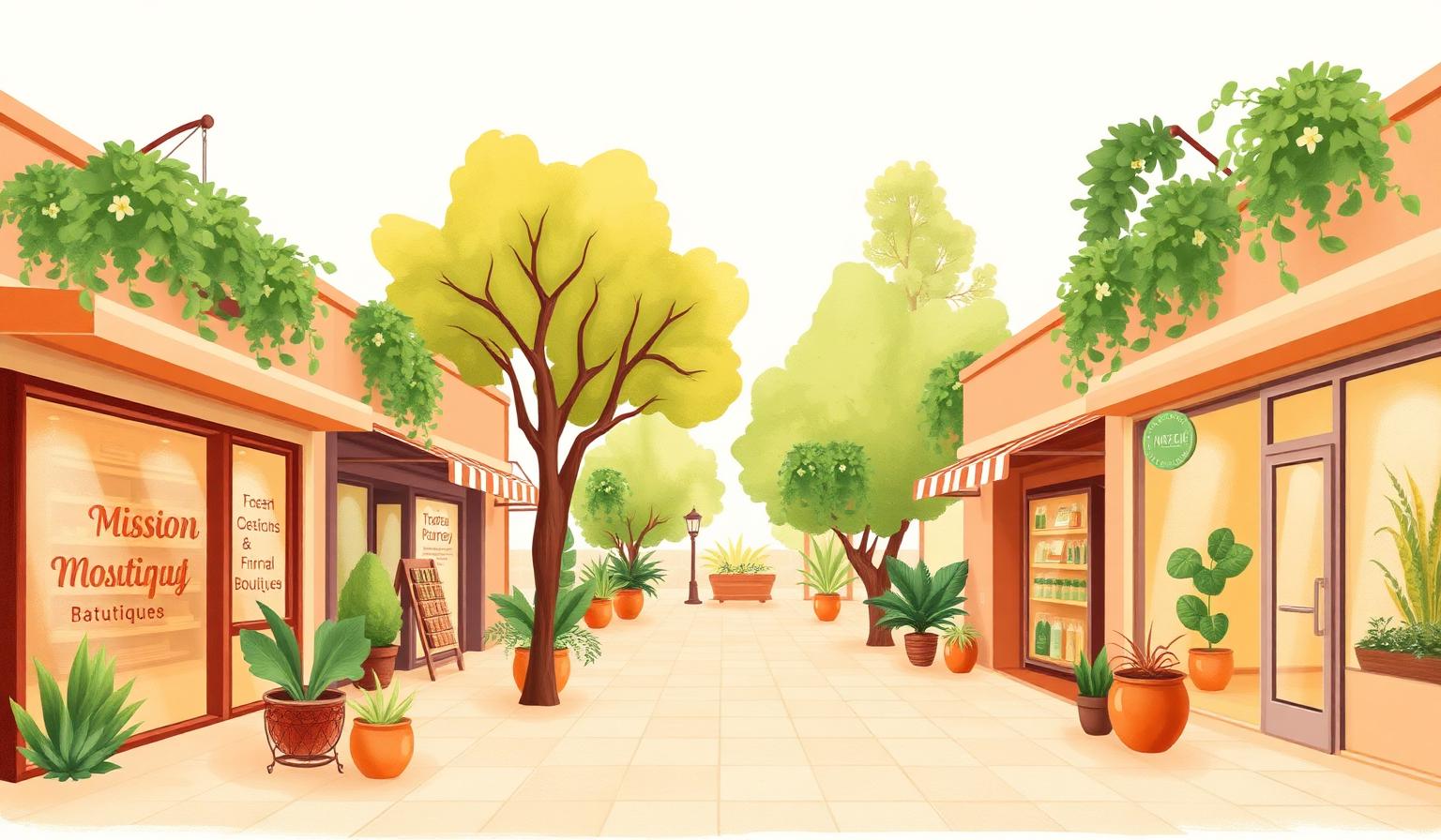 Illustrated mission mall storefronts with plants and warm light