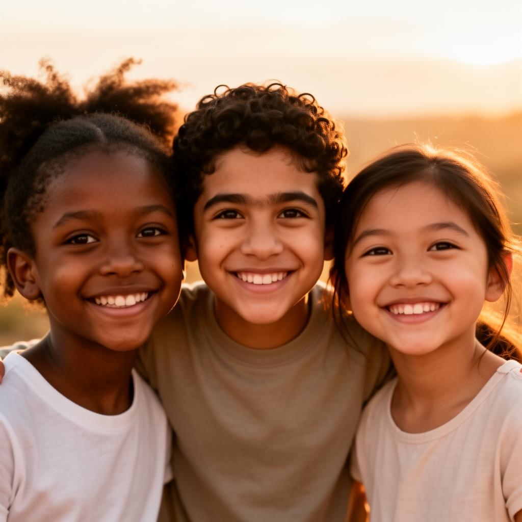Three children of different races smiling together