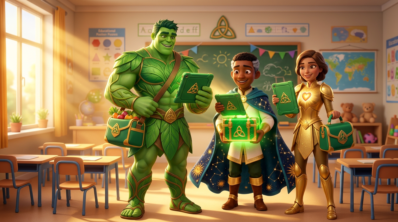 Trinity Heroes Harvest Hulk, Sage Sol, and Grace Guardian holding Trinity Tablets in a classroom